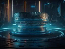 Futuristic sci-fi room with neon lights Round podium created with technology. photo