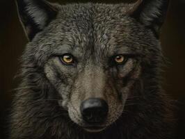 Portrait of a wolf in a dark background. Created with technology. photo