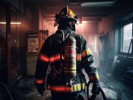 bombero en acción a el escena de un fuego en el ciudad creado con generativo ai tecnología. foto