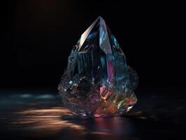 Natural gemstone on black background with reflections. Created with Generative AI technology photo