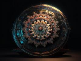 Mandala made by Quartz on a black background. Sacred geometry. Mysterious psychedelic relaxation pattern. Fractal abstract texture. Created with technology. photo