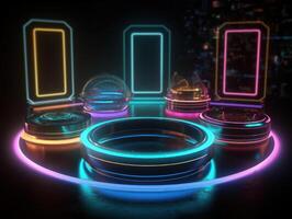 Fantastic Circle holograms magic portals. Futuristic round stage with neon lights. Glowing round stage on a dark background. Created with technology photo