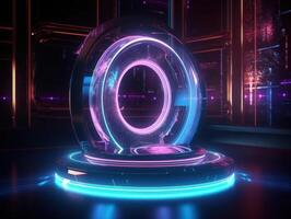 Fantastic Circle holograms magic portals. Futuristic round stage with neon lights. Glowing round stage on a dark background. Created with technology photo