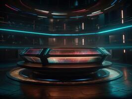 Futuristic sci-fi room with neon lights Round podium created with technology. photo