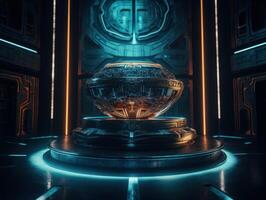 Futuristic sci-fi room with neon lights Round podium created with technology. photo