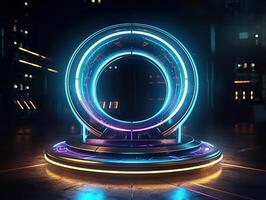 Fantastic Circle holograms magic portals. Futuristic round stage with neon lights. Glowing round stage on a dark background. Created with technology photo