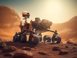 Rover on Mars surface. Exploration of red planet. Created with technology. photo