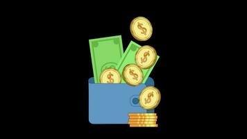 wallet icon with money and coin loop Animation video transparent background with alpha channel