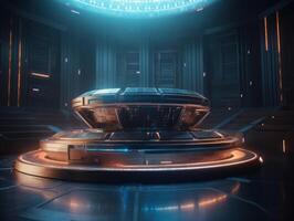 Futuristic sci-fi room with neon lights Round podium created with technology. photo