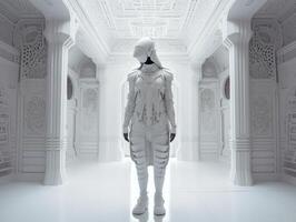 A futuristic female mannequin in a white dress and mask stands in a futuristic white room interior Symmetrical composition Created with technology photo