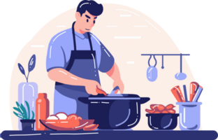 Hand Drawn chef cooking in the kitchen flat style illustration for business ideas png
