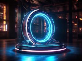 Fantastic Circle holograms magic portals. Futuristic round stage with neon lights. Glowing round stage on a dark background. Created with technology photo