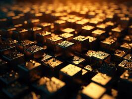 Futuristic gold cubes background Abstract geometric mosaic grid Square tiles pattern technology photo
