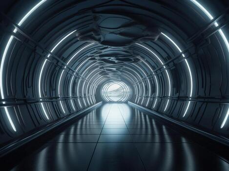 Abstract futuristic tunnel corridor with glowing lights and reflections Science fiction style Created with technology photo