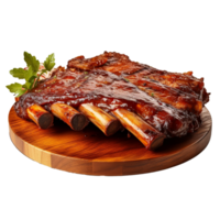 Barbecue Ribs on a wooden plate isolated on background with png