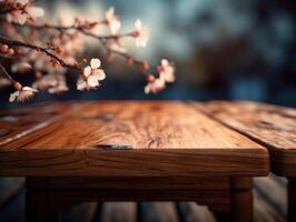 de madera mesa con Cereza flores en un café en borroso antecedentes creado con generativo ai tecnología foto