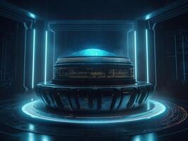 Futuristic sci-fi room with neon lights Round podium created with technology. photo