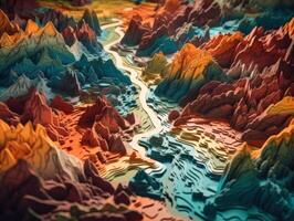 Colorful paper cut terrain mountains background created with technology. photo