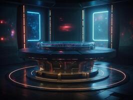 Futuristic sci-fi room with neon lights Round podium created with technology. photo