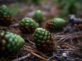 pino conos en el bosque. selectivo enfocar. creado con generativo ai tecnología. foto