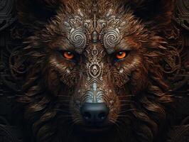 Fantasy portrait of a wolf with an abstract pattern on the face Created with technology. photo