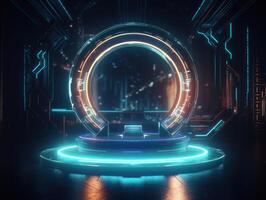 Fantastic Circle holograms magic portals. Futuristic round stage with neon lights. Glowing round stage on a dark background. Created with technology photo