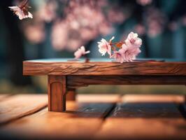 Wooden table with cherry blossoms in a cafe on blurred background Created with technology photo