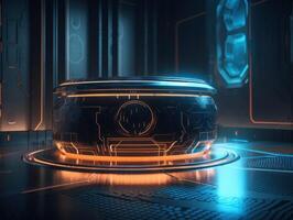 Futuristic sci-fi room with neon lights Round podium created with technology. photo