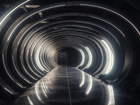 Abstract futuristic tunnel corridor with glowing lights and reflections Science fiction style Created with technology photo