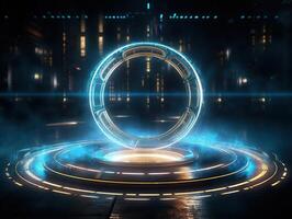 Fantastic Circle holograms magic portals. Futuristic round stage with neon lights. Glowing round stage on a dark background. Created with technology photo