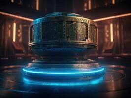 Futuristic sci-fi room with neon lights Round podium created with technology. photo