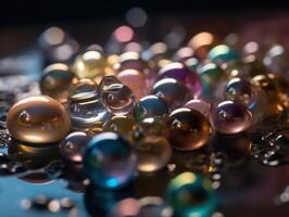 Iridescent pearl spheres on a dark background Liquid dynamic shapes Created with technology. photo