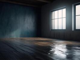 Empty dark room with concrete floor and black wall Created with technology photo