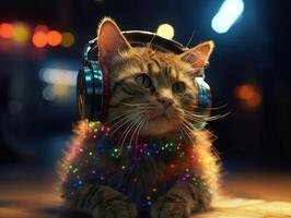 Cat in big headphones enjoys music. Created with technology photo