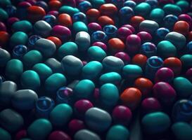 Many colorful pills on a dark background Geometric composition Created with technology photo