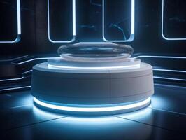 Futuristic sci-fi room with neon lights Round podium created with technology. photo