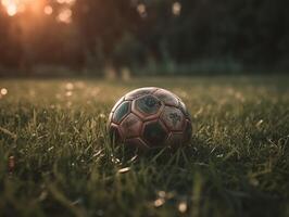 Soccer ball on green grass Created with technology photo