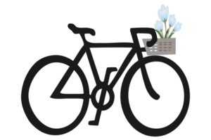 Black bike basket and blue tulip whimsical flowers PNG illustration. Doodle style.