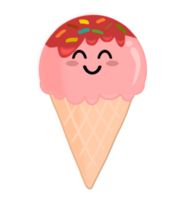 Cute kawaii strawberry ice cream and sugar topping PNG illustration.