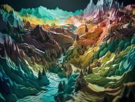 Colorful paper cut terrain mountains background created with technology. photo