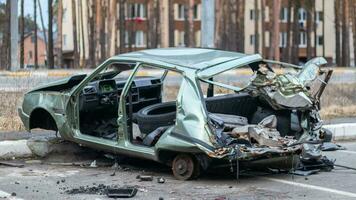 roto estropeado coche después un grave accidente con un sesgado cuerpo, después un poderoso impacto en el lado de el la carretera. tráfico accidente en el calle, dañado coche después un colisión en el ciudad. foto