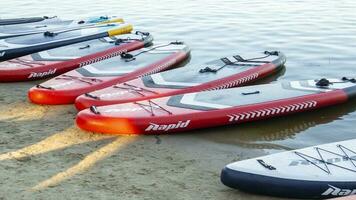 tablas de surf vacías se balancean sobre las olas en un río o lago tranquilo. Deportes acuáticos. muchas tablas en la tienda de alquiler, el sol reflejándose en las ondas del agua. panorámica ucrania, Kyiv - 07 de agosto de 2022. foto