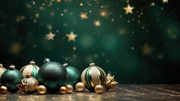lujo Navidad tarjeta con realista oro y verde pelotas. ilustración ai generativo foto