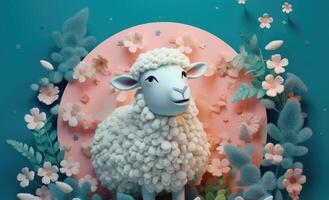 Animation of cute sheep on a blue background. Illustration photo
