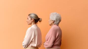 Elderly and young women standing back-to-back. Illustration photo