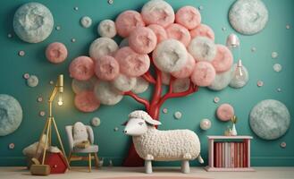 3d cute sheep and tree. Illustration photo