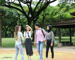 joven asiático malayo chino hombre mujer al aire libre parque libro archivo carpeta ordenador portátil computadora teléfono sentar estar estudiar mezclarse foto