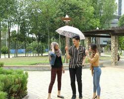 Young Asian Malay man woman outdoor green park walk talk discuss mingle under umbrella photo