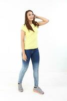 Yong south east Asian middle eastern Caucasian youth man woman in casual dress walk talk fun sit at table book notebook pen laptop computer study think read on white background photo