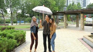 Young Asian Malay man woman outdoor green park walk talk discuss mingle under umbrella photo